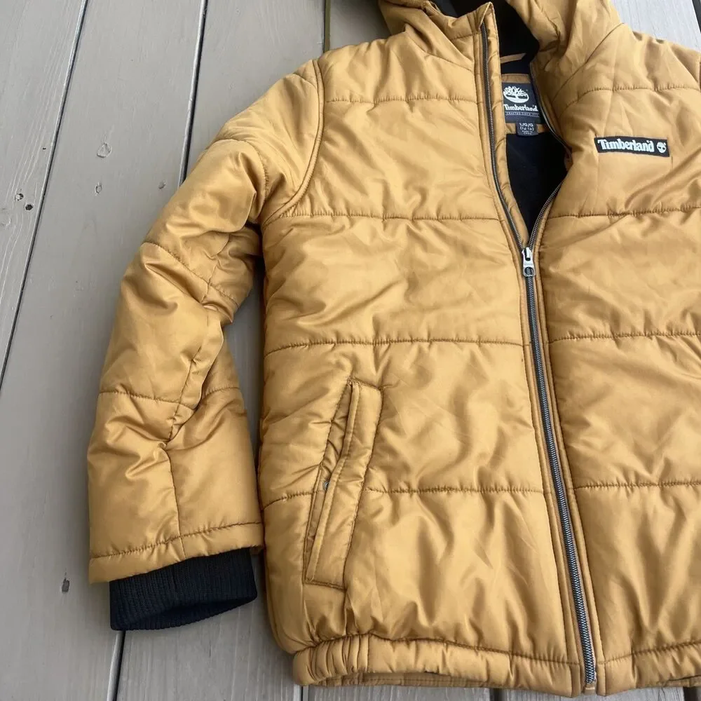 TIMBERLAND Boys Puffer Jacket Tan Hooded Winter Full Zipper Size Large (14-16)